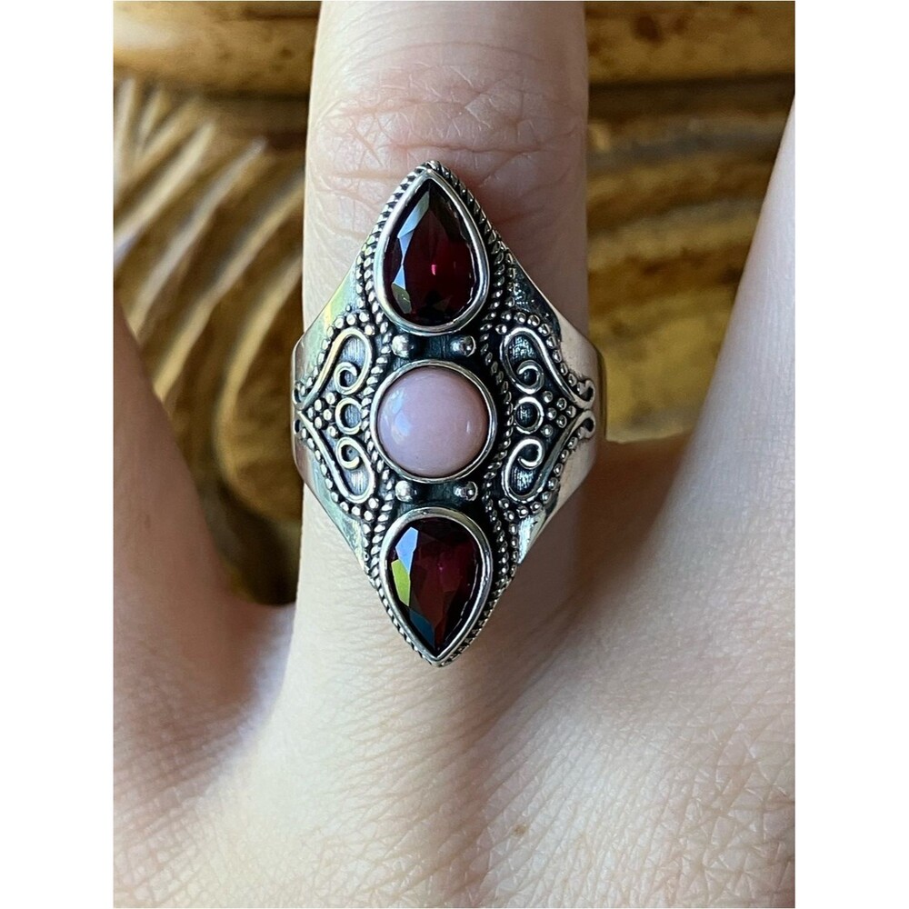 Natural Pink Opal Rhodolite Garnet Ring Size 6